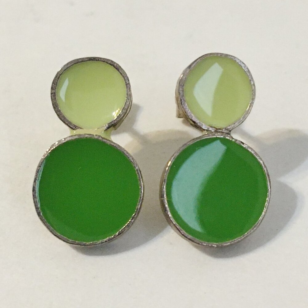 Green Dot Earrings Lime Enamel Sterling Silver Unique Handcrafted Bubbles New